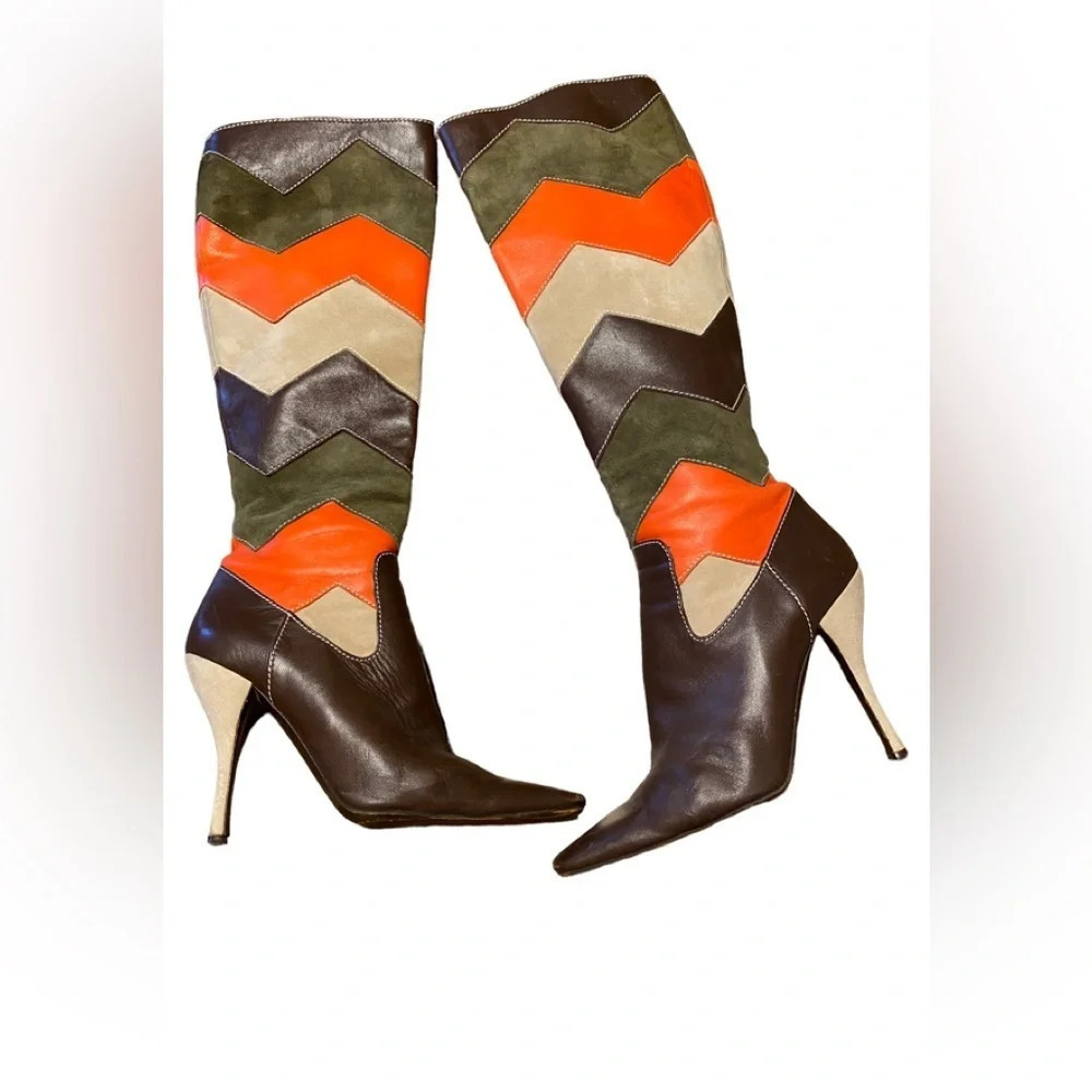 Missoni Multicolor Chevron Leather Knee-High Heeled Boots